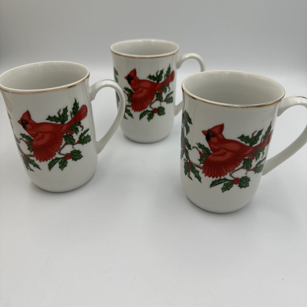 Set 3 Lefton China Christmas Mug‎ Cup Red Cardinal & Holly Holiday Hand Painted